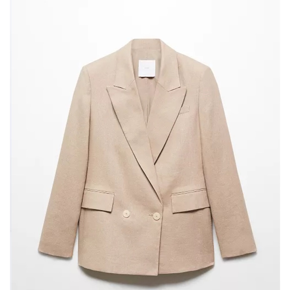 Mango Linen Double-Breasted Tailored Blazer